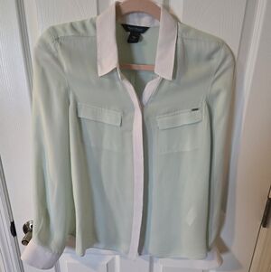 Real Silk White House Black Market Mint Green Blouse with White Trim